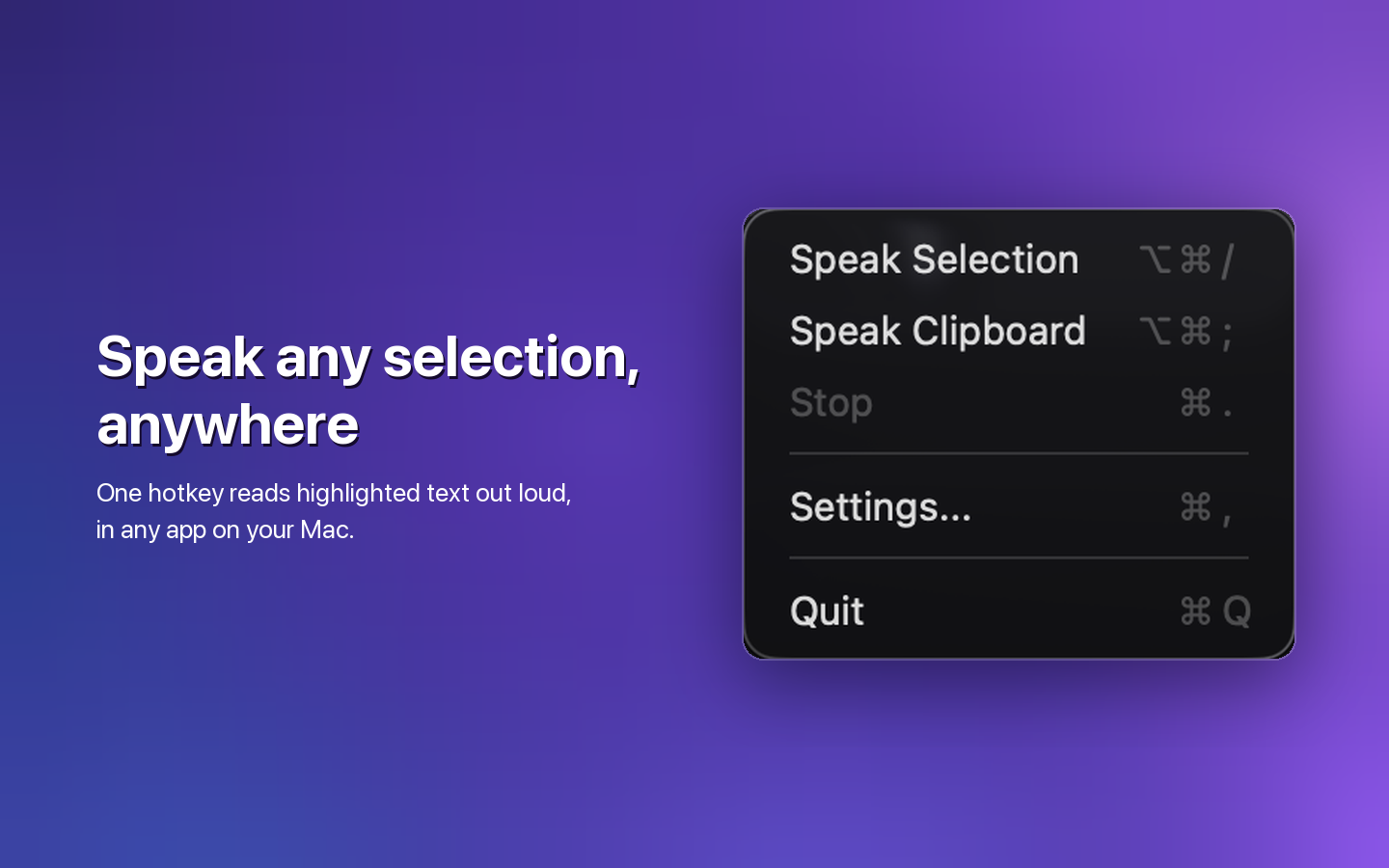 Free Speech menu bar actions for speaking a selection or the clipboard