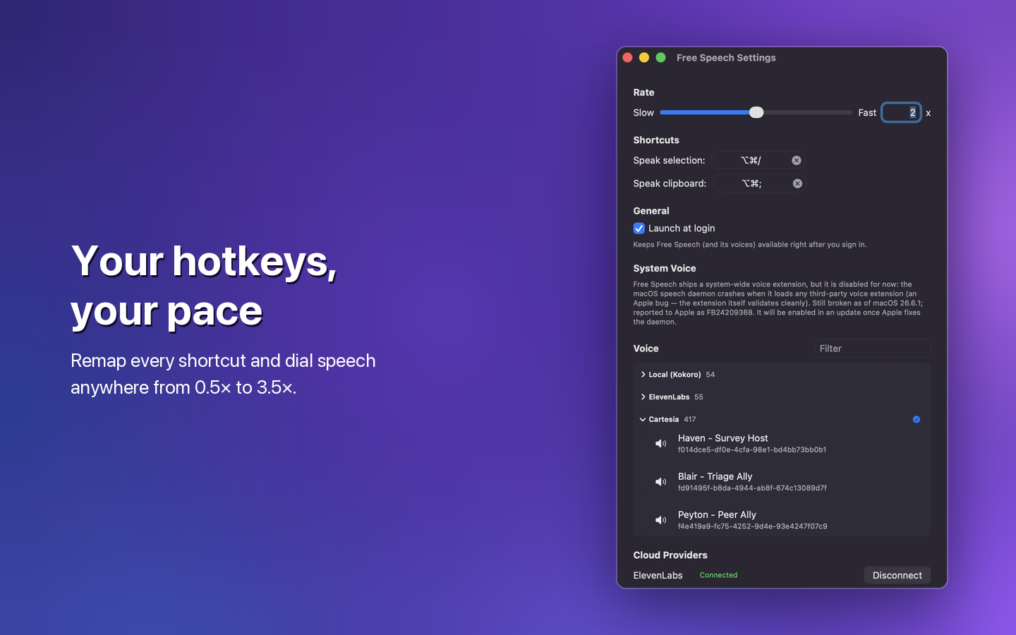 Free Speech settings with shortcuts, speaking rate, and local or cloud voices